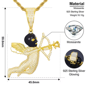 Collar de Plata de Ley 925 Chapado en Oro con Colgante de Ángel Cupido y Flecha de Eros con Máscara Negra, con Diamante Moissanite VVS1 Color D - Product Image 6