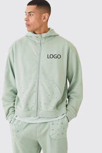 Ensemble de survêtement homme vert sauge uni, effet vieilli, avec logo personnalisé, sweat à capuche zippé et pantalon de jogging assorti, style streetwear, 100% coton, OEM ODM - Product Image 3