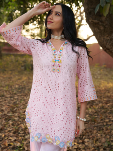 Salwar Kameez Rosa de Algodón Bordado, Ropa Tradicional Musulmana, Túnica con Bordado Floral, Pantalones Anchos para Fiesta de Noche - Product Image 2