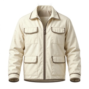 Men's <b>Beige</b> <b>Denim</b> Workwear <b>Jacket</b> Turn-down Collar Single Button Closure Regular Fit Solid Color Autumn Wear Breathable Pockets - Product Image 1