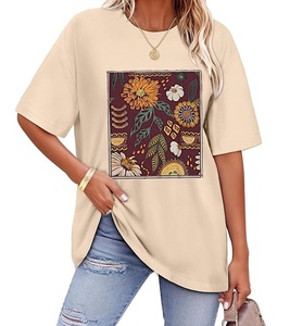 Camiseta de Mujer de Algodón 100% con Estampado de Nuevo Diseño, Manga Corta, Cuello Redondo, Hombros Caídos, Estilo Casual, de Bangladesh - Product Image 1