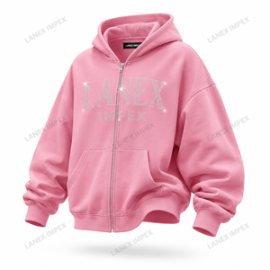 Sweat-shirt unisexe surdimensionné en coton 100% avec fermeture éclair et strass roses personnalisés, imprimé graphique en cristal, style streetwear, OEM - Product Image 2