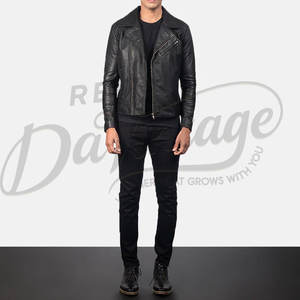 เสื้อแจ็คเก็ตหนังสีดำสำหรับผู้ชาย แบบนักขี่มอเตอร์ไซค์ ตกแต่งลายเพชรที่ไหล่ หนังแกะแท้ ทรงเข้ารูป สำหรับฤดูใบไม้ร่วงและฤดูหนาว แบบซิป - Product Image 4