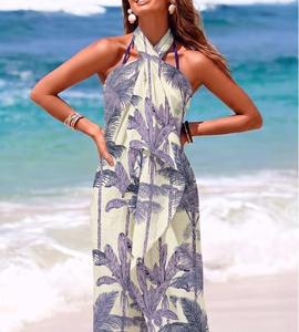 Vestido Maxi con Cuello Halter y Estampado Tropical, Estilo Boho, Corte Holgado, Sin Mangas, de Chifón, para Playa, con Dobladillo Asimétrico - Product Image 1