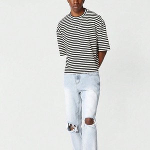 Wholesale Casual 100% Cotton 220g Striped Tshirts Breathable Summer Hot Sale Premium Quality Oversized Boxy Men's shirts - Product Image 3
