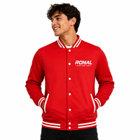 Veste de sport rouge pour homme RONAL SPORTS avec bordure à rayures blanches et logo imprimé au dos Coupe classique Col rabattu Fermeture éclair