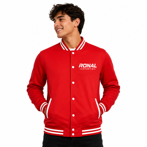 เสื้อแจ็คเก็ตวาร์ซิตี้สีแดงสำหรับผู้ชาย RONAL SPORTS พร้อมแถบสีขาวและโลโก้พิมพ์ด้านหลัง ทรงปกติ คอปกพับ ปิดด้วยซิป - Product Image 3