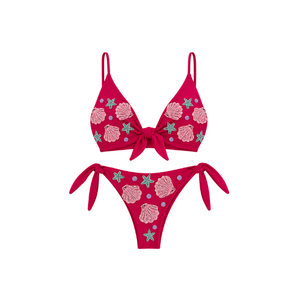 Bikini Azul con Detalle de Rodajas de Limón con Cuentas, Escote Halter y Tirantes en la Parte Inferior, Traje de Baño de Dos Piezas para Mujer - Product Image 4