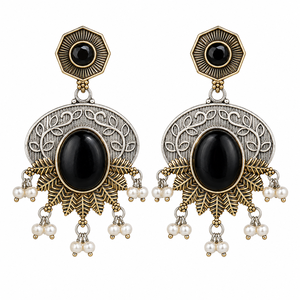 Wholesale Gold Plated Oxidized Silver Ethnic Drop <b>Earrings</b> with Bezel Setting for Women Party Wear Wholesale Direct Factory - Product Image 1