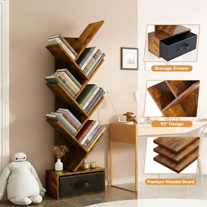 Libreria Alta e Stretta in Legno a 7 Ripiani con Cassetto, Scaffale Angolare da Terra per Soggiorno e Camera da Letto - Product Image 5