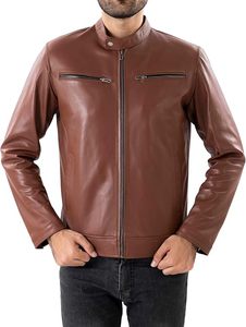 Chaquetas de Cuero Genuino Marrón para Hombre, Estilo Urbano, con Cuello de Botones a Presión, Disponibles al por Mayor - Product Image 2