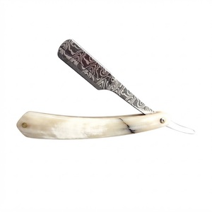 IKZARSA Straight <b>Razor</b> Buffalo Bone Handle Stainless Steel Blade Single Blade Damascus Pattern <b>for</b> <b>Men</b> Outdoor Use Barber - Product Image 4