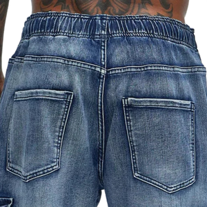 Pantalones Cortos Cargo de Mezclilla para Hombre, Transpirables, de Tiro Medio, Ajuste Relajado, Algodón Lavado Azul, Estilo Casual, Largura hasta la Rodilla, con Cordón, para Verano - Product Image 4