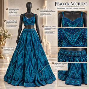 Peacock Blue Embroidered Lehenga Choli with Sweetheart Neckline | Two Piece Indian Party Set with <b>Sequins</b> and Full Flared Skirt - Product Image 5