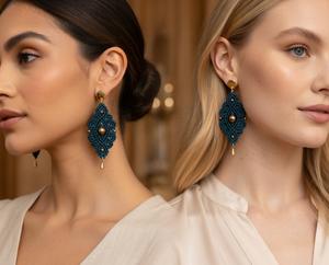 Boucles d'oreilles en macramé diamantées bleu sarcelle tissées à la main |   Bijoux à cordon géométrique |   Mangalmay Corporation - Product Image 1