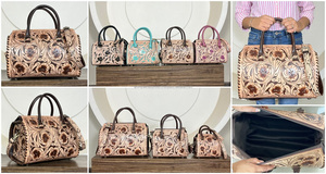 Best Selling 2026 Women's <b>Genuine</b> Cowhide Leather Hand Tooled Floral Duffle Bag Large Speedy Handbag Western Travel Purse - Product Image 3