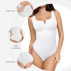 Women One Piece Swimsuit Scoop Neck Solid Color Spandex Nylon Stretch <b>Bodysuit</b> With Button Back And Crotch Gusset - Product Image 3