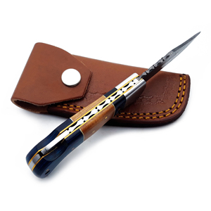 Handmade High Quality Customized Damascus Steel Pocket <b>Knife</b> Back <b>Lock</b> Folding Blade Olivewood Blue Wood Leather Sheath - Product Image 3