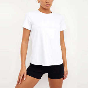 Camiseta de Manga Corta con Cuello Redondo para Mujer, Estilo Moderno, 100% Algodón Jersey, Corte Regular, Color Negro Sólido, Ropa Casual Transpirable para Todas las Temporadas - Product Image 5