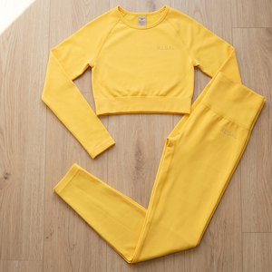 Regal Women's Yoga Set <b>Crop</b> Long Sleeve <b>Top</b> High Waist Full Length Leggings 2 Piece Solid Yellow Athletic Wear Compression Set - Product Image 1