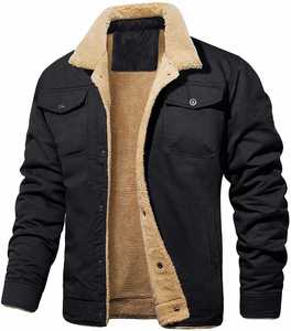 Veste safari en toile marron pour homme avec doublure en polaire, col rabattu, fermeture à boutons, style vêtements de travail, vêtements d'hiver - Product Image 2