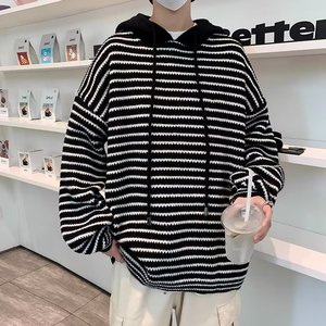 เสื้อสเวตเชิ้ตผู้ชายแบบมีฮู้ดทรงโอเวอร์ไซส์ ลายทางสีดำขาว มีซิป สวมใส่สบายๆ สำหรับฤดูใบไม้ร่วง ระบายอากาศได้ดี ทรงปกติ - Product Image 1