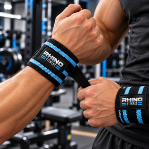 Bandes de poignet en coton noir et bleu Rhino Fitness avec boucle pour le pouce, pour la main gauche, pour la musculation, la salle de sport, le sport en plein air - Product Image 6