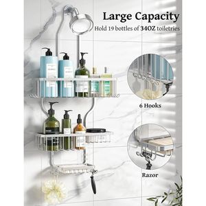<b>Shower</b> Organizer Over the Head Caddy Aluminum Never Rust 10 Hooks Razor <b>Sponge</b> Rack Soap Basket Polished Silver - Product Image 2