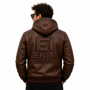 Luxury Style Unisex Embossed PU Leather Hoodie <b>Jacket</b> | Premium Full Zip Hooded Bomber Winter <b>Rhinestone</b> Design - Product Image 4