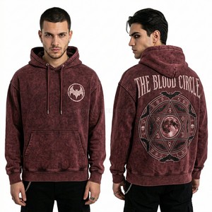 Custom Slate Blue Acid Wash Hoodie Men Oversized Streetwear Pullover Heavy Cotton Fleece Gothic Graphic Print Hooded Sweatshirt - Product Image 4