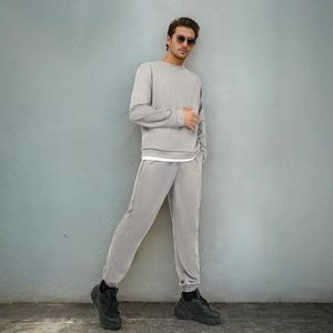 Survêtement en coton gris pour homme, sweat-shirt à col rond, pantalon de jogging, couleur unie, longueur intégrale, vêtements décontractés avec poches latérales, taille élastique - Product Image 3