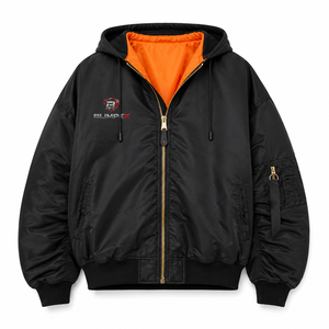 OEM Custom Logo <b>Mens</b> High-Quality Hooded Bomber <b>Jacket</b> Orange Lining Brass Zipper <b>Utility</b> Sleeve Pocket Windbreaker Custom Color - Product Image 1