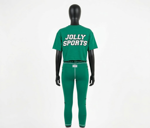 Ensemble de vêtements de sport pour femmes en polyester et élasthanne, t-shirt et legging, tenue de sport verte, panneau à couture contrastée, impression de logo personnalisé, ensembles pour femmes - Product Image 3