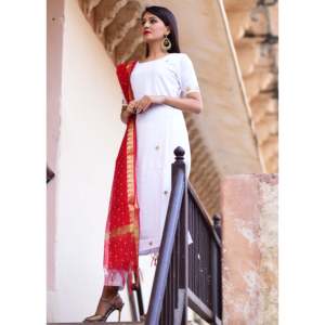 ชุดคุรติผ้าฝ้ายสีขาวสวยงามสำหรับผู้หญิง / ชุดคุรติอินเดียแขนสั้นพร้อมผ้าคลุมไหล่ กางเกงขายาวทรงตรง - Product Image 3