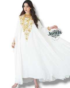 Robe longue en mousseline de soie pour femme, coupe droite, col montant, manches longues, unie, avec broderie de sequins et appliqués, taille naturelle, style modeste - Product Image 1
