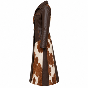 Abrigo Largo de Cuero Marrón con Parches de Piel de Vaca para Mujer, Chaqueta con Botones, Proveedor Personalizado OEM ODM - Product Image 4