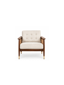 Fauteuil rembourré de style mid-century modern avec dossier en rotin, structure en bois et coussin en lin, meuble de salon - Product Image 1