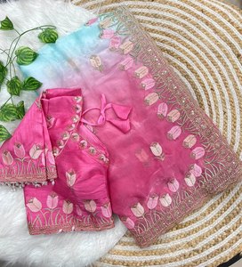ชุดส่าหรีผ้าซาตินเนื้อนุ่มชุดส่าหรีผ้าซาตินสีทองประดับขอบผ้าส่าหรีผ้าซาตินส่าหรีคอลเลกชันส่าหรี - Product Image 1