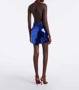 Robe midi bleu roi à sequins, col halter, décolleté perlé rouge, coupe trapèze, simple, moulante, cocktail, glamour, ajustée, sans manches, 100% - Product Image 5