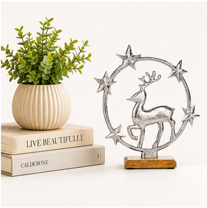 Handmade Modern Metal Reindeer Sculpture With Star Halo Premium Aluminum Christmas Tabletop <b>Decoration</b> on Mango Wood Base - Product Image 2