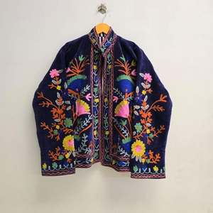 Chaqueta de Terciopelo con Bordado Floral para Mujer, Cuello Mandarín, Manga Larga, Estilo Prairie Chic, Abrigo de Primavera con Patrón Decorativo Hecho a Mano - Product Image 1