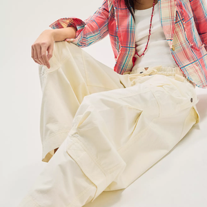 Wholesale Women's <b>Cream</b> <b>Cargo</b> Pants Mid Waist Loose Drawstring Closure Balloon Full Length Solid Casual Barrel <b>Trousers</b> Summer - Product Image 4