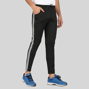 Pantalon de survêtement sport bleu à quatre voies avec bande latérale, logo personnalisable, impression HD, délavage coloré, 100 % polyester, séchage rapide, tailles homme M/L/XL - Product Image 4