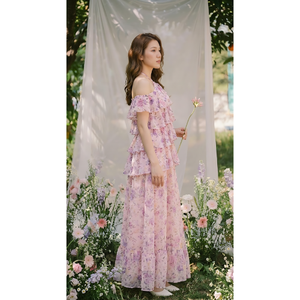 Best Price Women Halter Neck Floral Layered Ruffle <b>Maxi</b> Dress Simple Daily Vintage Modest Elegant Knitted Summer Party Beach - Product Image 3
