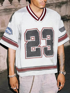 Camiseta de Fútbol Americano Retro con Mangas de Malla a Rayas, Corte Cuadrado, Cuello en V, Impresión de Número, Personalizable para Equipos, Producción OEM - Product Image 2