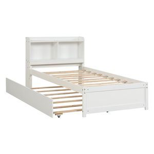 Letto singolo bianco con letto estraibile e libreria, prodotto imbottito - Product Image 3
