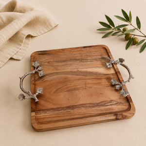 Luxury Solid Acacia Wood Serving Tray With Artisan Silver Leaf Branch Handles Premium <b>Decorative</b> Platter For Home <b>Table</b> <b>Decor</b> - Product Image 1