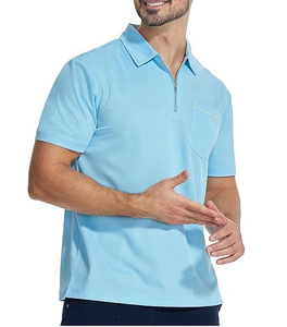 Polo de punto de manga corta azul claro liso para hombre, estilo casual, con cremallera 1/4, bolsillo en el pecho, talla grande - Product Image 1