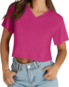 เสื้อครอปสีม่วงสำหรับผู้หญิง แขนสั้น คอวี ทรงหลวม ลำลอง ผ้าถัก สีพื้น เสื้อยืด ฤดูใบไม้ผลิ ฤดูร้อน สวมใส่ได้ทุกวัน - Product Image 2