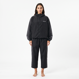 Women's Oversized Nylon <b>Zip</b> Front Cropped Jacket Long Sleeve Drawstring Side Stripe Pants Sportswear Set Two Piece Oversized - Product Image 5